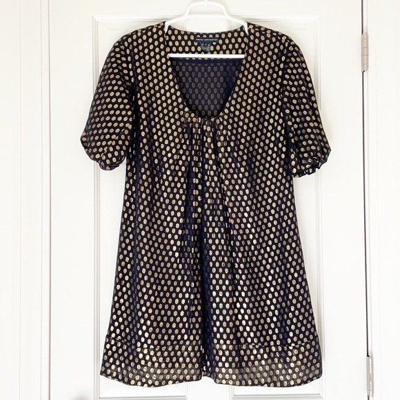 French Connection Dresses & Skirts - FRENCH CONNECTION mini dress size 2 silk navy blue gold polka dot shortsleeve